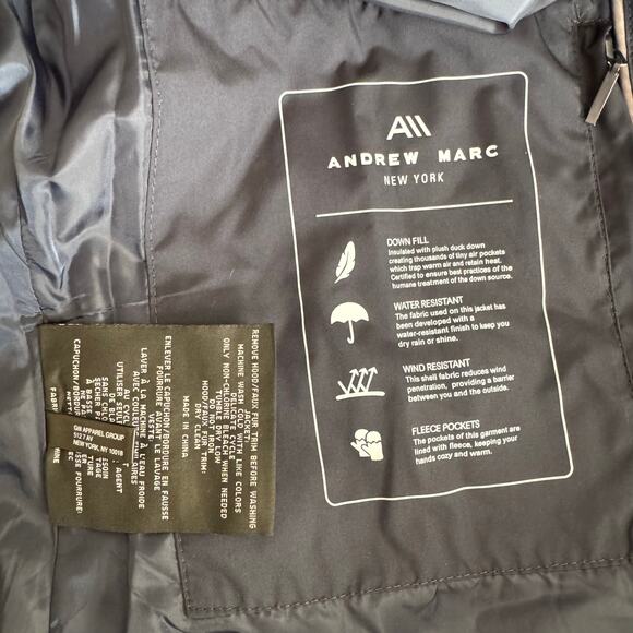 NWT Andrew Marc Phoebe Down-Filled Faux Fur Trim Zip Front Long Coat Blue Size S - Picture 12 of 16